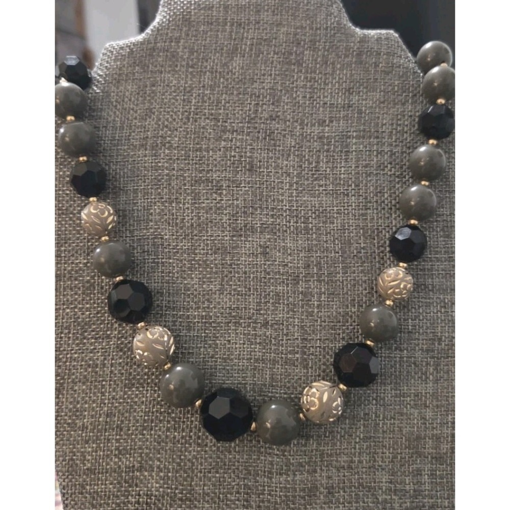18" Black Bead Necklace Gray Gold Tone Beads Statement